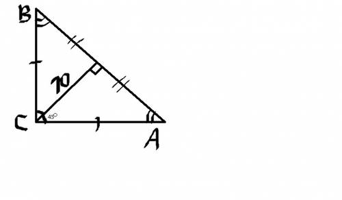 Высота равнобедренного прямоугольного треугольника проведённая к гипотинузе равна 10 найдите гипотин