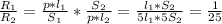 \frac{ R_{1} }{ R_{2} } = \frac{ p* l_{1} }{ S_{1} } * \frac{ S_{2} }{p* l_{2} } = \frac{ l_{1}* S_{2} }{5 l_{1} * 5 S_{2} } = \frac{1}{25}