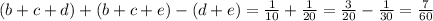 (b+c+d)+(b+c+e)-(d+e)= \frac{1}{10} + \frac{1}{20}= \frac{3}{20}- \frac{1}{30} = \frac{7}{60}