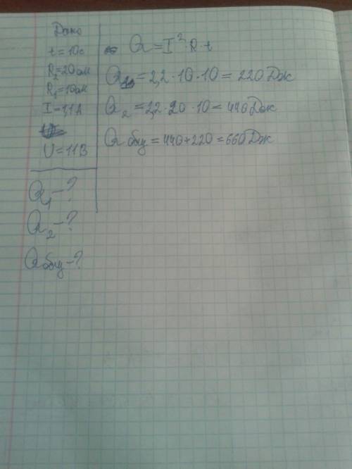 Какое количество теплоты выделится в цепи за 10с.? u-11в i-1,1а t-10c. r1-10 ом. r2-20 oм