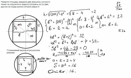 Найдите площадь квадрата,две вершины которого лежат на окружности радиуса 2корень из 2,а две другие