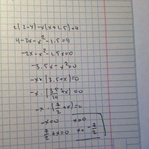 Решить уравнение 2 (2-x) -x(x+1,5)=4