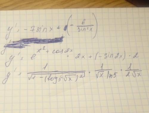 Найти производные функции: 1) y=7cosx+6ctgx 2) y=e^x•(x+cosx) 3) y=arcsin(log_5(корень из x))