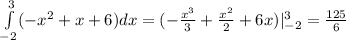 \int\limits^{3}_{-2} (-x^2+x+6)dx = (-\frac{x^3}{3} + \frac{x^2}{2} + 6x) |^{3}_{-2} = \frac{125}{6}