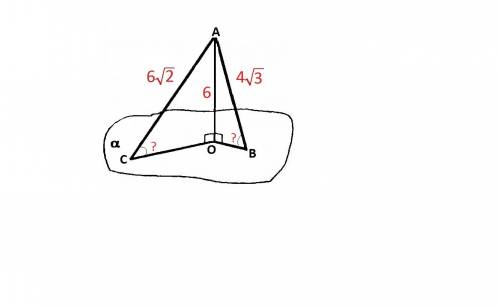 Из точки а остоящей от плоскости на 6 см , проведены две наклонные длиной 6 корня из 2 и 4 корня из