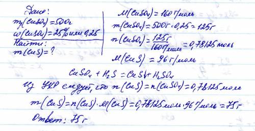 Сероводород пропустили через 500 г 25%-го раствора сульфата меди (ii). вычислите массу образующегося