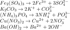 Fe_2(SO_4)_3 \rightarrow 2Fe^{3+}+3SO_4^{2-}\\&#10;K_2CO_3 \rightarrow 2K^++CO_3^{2-}\\&#10;(NH_4)_3PO_4\rightarrow 3NH_4^+ +PO_4^{3-}\\&#10;Cu(NO_3)_2\rightarrow Cu^{2+}+2NO_3^-\\&#10;Ba(OH)_2\rightarrow Ba^{2+}+2OH^-