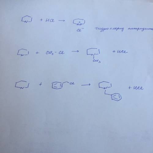 Напишите уравнения реакций пиперидина с соляной кислотой, хлористым метилом и хлористым бензоилом.