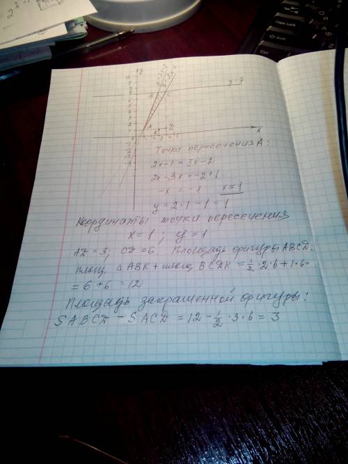 Найдите площадь фигуры, ограниченной граф ками функций: у = 2х-1; у = 3х-2; у = 7.