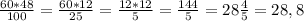 \frac{60*48}{100} =\frac{60*12}{25} = \frac{12*12}{5} = \frac{144}{5} = 28\frac{4}{5} = 28,8