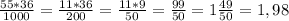 \frac{55*36}{1000} = \frac{11*36}{200} = \frac{11*9}{50} = \frac{99}{50} = 1\frac{49}{50} = 1,98