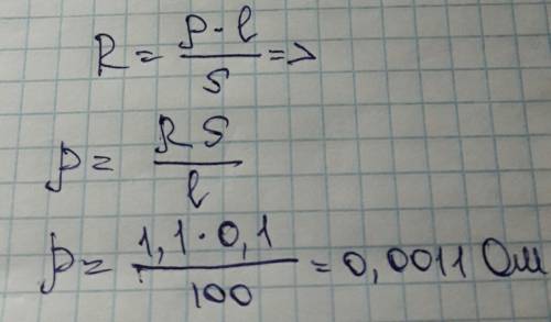 Площадь поперечного сечения проволоки 0,1 мм длина 100 m. какое удельное сопротивление имеет материа