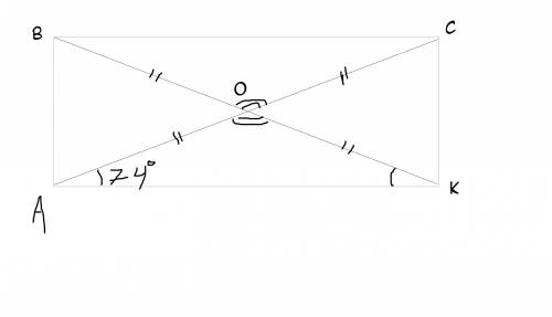 Диогональ прямоугольника образует уголь 74° с одной. из сторон.найти острый уголь между диологиями