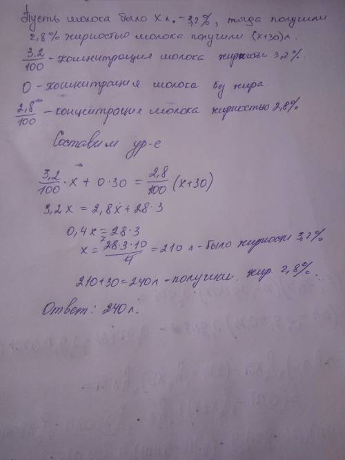 Партию молока жирностью 3,2% разбавили 30 литрами обезжиренного молока. сколько литров молока получи