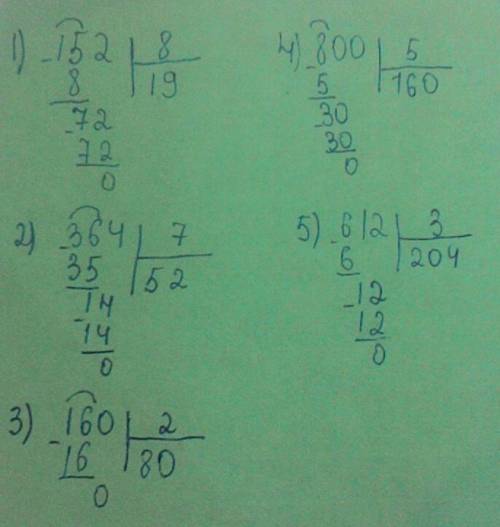 Реши примеры в столбик 1) 152: 8 2)364: 7 3)160: 2 4)800: 5 5)612: 3