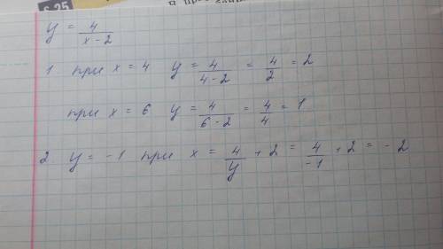 Дана функция у= 4 дробная черта х-2 1)найдите значение функции при значениях аргумента 4 и 6. 2) при