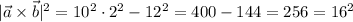 |\vec a\times\vec b|^2=10^2\cdot2^2-12^2=400-144=256=16^2