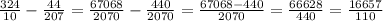 \frac{324}{10}- \frac{44}{207}= \frac{67068}{2070}- \frac{440}{2070}= \frac{67068-440}{2070}= \frac{66628}{440}= \frac{16657}{110}