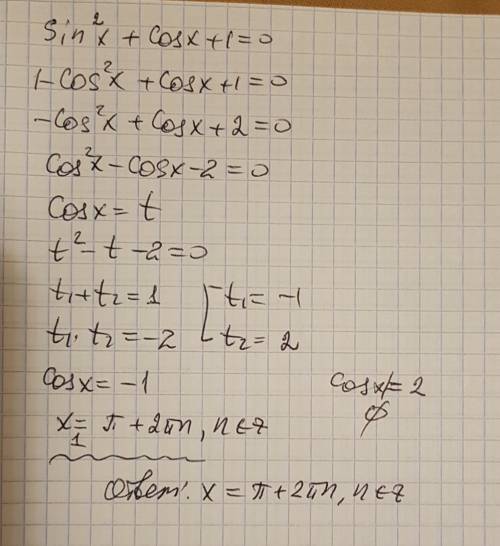 Решить тригонометр. уравнение- sin^2x+cosx+1=0 если можно с объяснениями