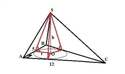 Основание пирамиды прямоугольный треугольник с катетами 12 и 5. боковые грани пирамиды наклонены к п