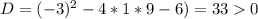 D=(-3)^2-4*1*9-6)=330