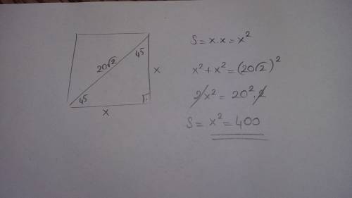 Квадрат с диоганалью 20√2 см вписан в окружность. найдите площадь этого квадрата