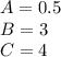 A=0.5\\ B=3\\ C=4