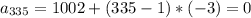 a_{335}=1002+(335-1)*(-3)=0