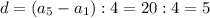 d=(a_5-a_1):4=20:4=5