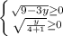 \left \{ {{\sqrt{9-3y} \geq 0} \atop {\sqrt{\frac{y}{4+1}} \geq 0} \right. \\ \\&#10;