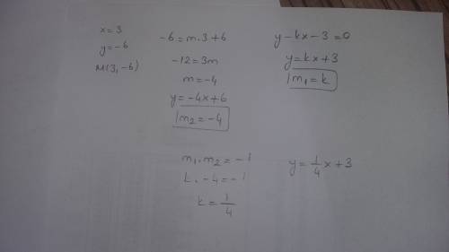 Найдите значения k и m, чтобы графики функций y - kx - 3 и y= mx + 6 пересекаются в точке m(3; -6).