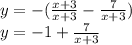 y = -( \frac{x+3}{x+3} - \frac{7}{x+3} ) \\ y = -1 + \frac{7}{x+3}