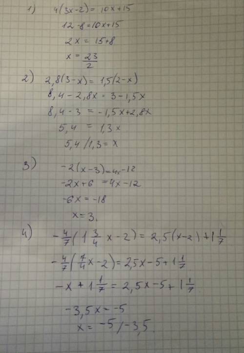 №1221. решите уравнение: 1) 4(3х - 2)=10х + 15; 2)2,8(3 - х)=1,5(2 - х); 3) -2(х - 3)=4х - 12; 4) -4