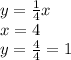 y= \frac{1}{4} x \\ x=4 \\ y= \frac{4}{4}=1 \\