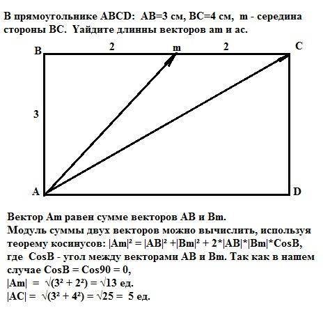 Впрямоугольнике abcd ab=3 см bc=4 см m середина стороните ы bc найдите длинны векторов am и ac с рис