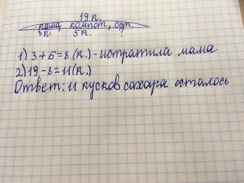 Схема у мамы было 19 кусков сахара. 3 куска она положила в кашу а 5 кусков в компот. сколько кусков