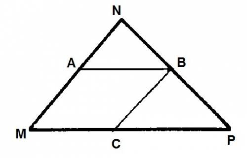 Втреугольник mnp вписаный ромб mabc. найдите сторону ромба, если, стороны mn и mp этого треугольника