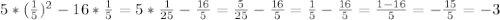 5*(\frac{1}{5}) ^{2} -16* \frac{1}{5}=5* \frac{1}{25}- \frac{16}{5}= \frac{5}{25}-\frac{16}{5}= \frac{1}{5}- \frac{16}{5}= \frac{1-16}{5}=- \frac{15}{5}=-3