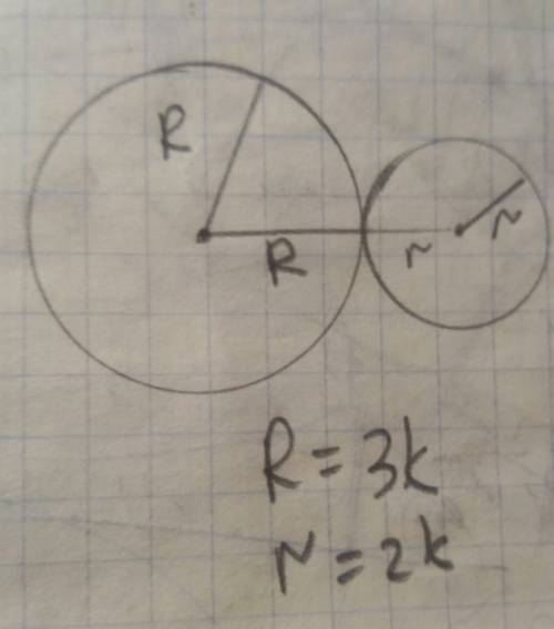 Два кола дотикаються зовнішньо.їхні радіуси відносяться ,як 2: 3.визначте радіуси кіл ,якщо відстань
