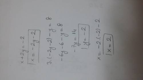 Решить систему уравнений подстановки. x+2y=-2 3x-y=8