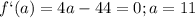 f`(a) = 4a - 44 = 0; a = 11