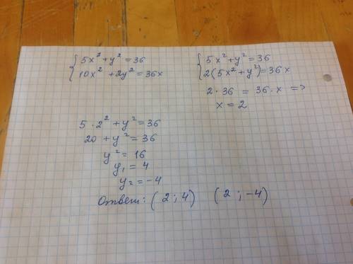 Решите систему уравнений: 5x^2+у^2=36 и 10х^2+2у^2=36х