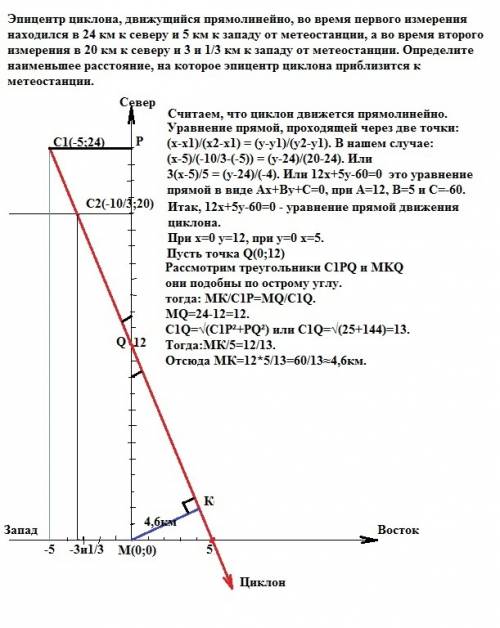 Эпицентр циклона, движущийся прямолинейно, во время первого измерения находился в 24 км к северу и