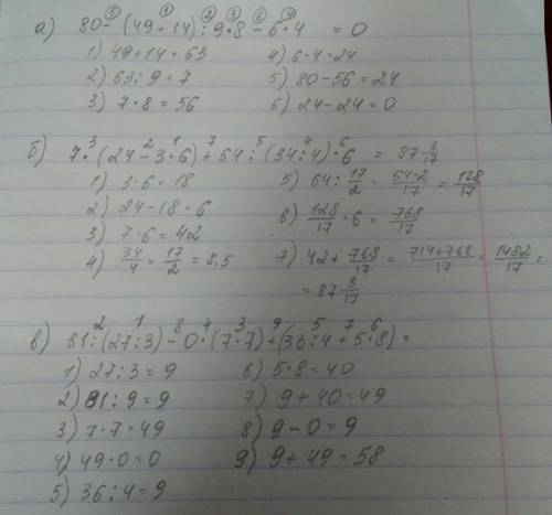 Составь програму действий а) 80-(49+14): 9×8-6×4. б)7×(24-3×6)+64: (34: 4)×6. в)81: (27: 3)-0×(7×7)+