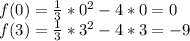 f(0)= \frac{1}{3} *0^2-4*0=0 \\ f(3)= \frac{1}{3} *3^2-4*3=-9