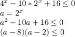 4^x-10*2^x+16 \leq 0\\a=2^x\\a^2-10a+16 \leq 0\\(a-8)(a-2) \leq 0