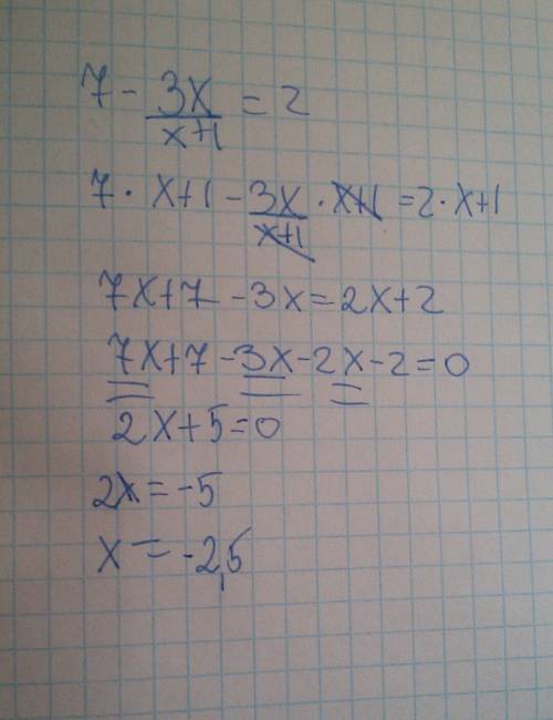 Решите уравнение 7-3x/x+1=2 c полным решением