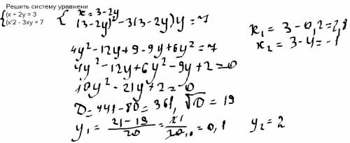 Решить систему уравнени (x + 2y = 3 (x'2 - 3xy = 7