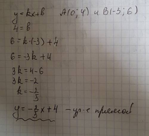 Прямая y=kx+b проходит через токи а (0; 4) и в(-3; 6). напишите уравнение этой прямой.