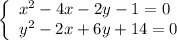 \left\{\begin{array}{l} x^2 -4x - 2y -1=0 \\ y^2 -2x +6y +14=0 \end{array}